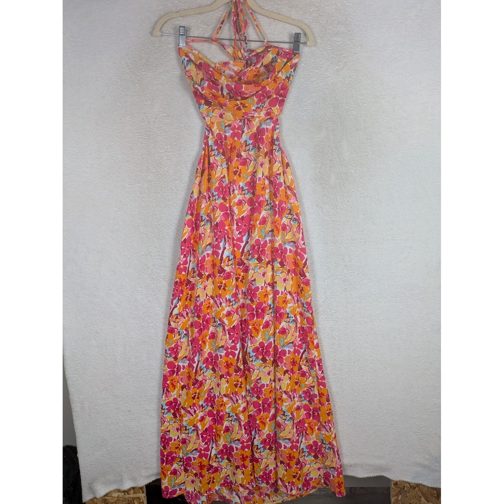 Shein Maxi Dress Women's Small Multicolor Floral Halter Open Back Tropical